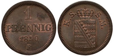 Саксония 1 пфенниг 1850 Фридрих Август II (1797-1854), из коллекции Gerhart Rother KM 1155, AKS 112, J. 79 медь aUNC 413-4742