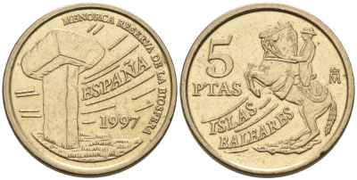 Испания 5 песет 1997 Хуан Карлос I (1975-2014), Балеарские острова, всадник KM 981 алюминиевая бронза 71-557