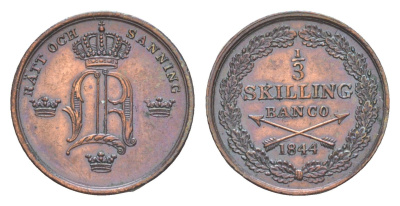 Швеция 1/3 скиллинга банко 1844 Оскар I (1844-1859) KM 657 медь 603-733