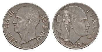 Италия 20 чентезимо 1940 Магнетик, рубчатый гурт KM 75b нержавеющая сталь 4643-319