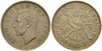 Новая Зеландия 1 пенни 1952 Птица Туи, Король Георг VI (1937 - 1952) KM 21 бронза 4120-113