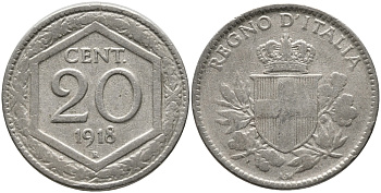 ИТАЛИЯ 20 ЧЕНТЕЗИМО 1918 R, ВИКТОР ИМАНУИЛ III KM 58 медно-никель 75-1912