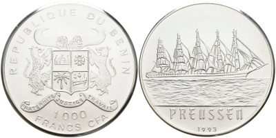 Бенин 1000 франков 1993 парусник "Preussen", тираж 100 экз. KM 10 серебро UNC 00-000-00
