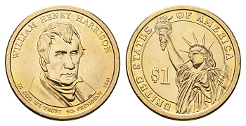 США 1 доллар 2009 P, Президент США - Уильям Генри Гаррисон (1841) KM 450 медь с марганцево-латунным покрытием UNC 4624-327