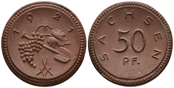 Саксония 50 пфеннигов 1921 виноград и лопата J. N 54 фарфор UNC 1094-8-32