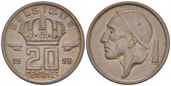 БЕЛЬГИЯ 20 САНТИМОВ 1959 BELGIQUE KM 146 бронза 3718-239