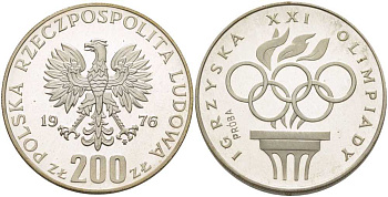 Польша 200 злотых 1976 MW, XXI олимпийские игры 1976 года в Монреале, олимпийский огонь и кольца, PROBE, пробный выпуск, тираж 6048 экз., в оригинальной пластиковой коробке KM Pr285 серебро PROOF 5-3-1-164