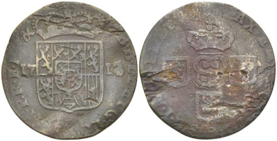 ИСПАНСКИЕ НИДЕРЛАНДЫ, НАМЮР 1 ЛИАРД 1712 ЭМАНУИЛ МАКСИМИЛЬЯН БАВАРСКИЙ (1711-1717) KM 18 медь 4380-212