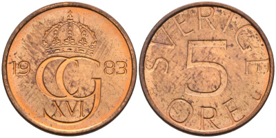 Швеция 5 эре 1983 Карл XVI Густав (1973- ) KM 849 бронза UNC 4585-333