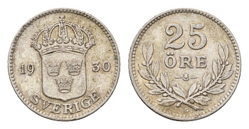 Швеция 25 эре 1930 Густав V (1907-1950) KM 785 серебро 4124-829