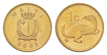 Мальта 1 цент 2001 ласка, горностай KM 93 никель латунь UNC 4627-733