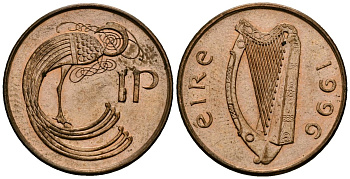 Ирландия 1 пенни 1996 мифологическая птица лира KM 20a сталь плакированная медью 4138-911