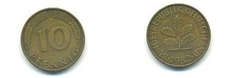 ФРГ 10 ПФЕННИГОВ 1982 G KM 108, J.383 сталь плакированная латунью 54-2335