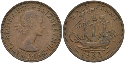 Великобритания 1/2 пенни 1960 Елизавета II (1952-2022) KM 896, Spink 4158 бронза 4146-257