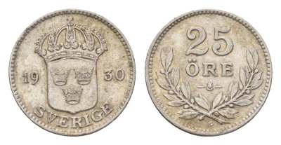 Швеция 25 эре 1930 Густав V (1907-1950) KM 785 серебро 4124-829