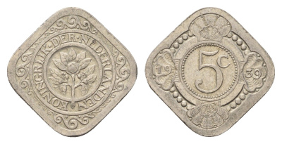 Нидерланды 5 центов 1939 Вильгельмина (1890-1948) KM 153 медно-никель 4675-912