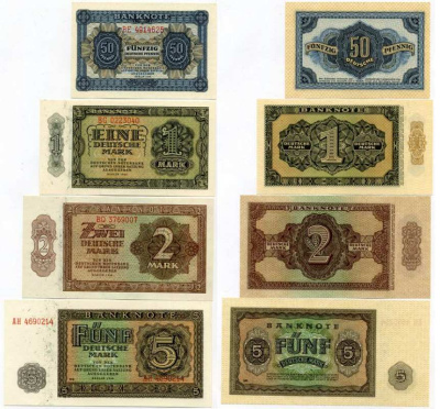 ГДР НАБОР ИЗ 8 БАНКНОТ 1948 ПОЛНЫЙ НАБОР (50 ПФЕННИГОВ, 1, 2, 5, 10, 20, 50, 100, 1000 МАРОК) Pick 8b, 9b, 10b, 11b,12b, 13b, 14b, 15a, 16a, Rosenberg 339e, 340e, 341e, 342d, 343d, 344d, 345d, 346, 347 бумага UNC (ПРЕСС) 8613-6-1