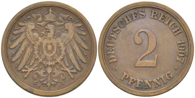 ГЕРМАНИЯ 2 ПФЕННИГА 1907 F KM 16, J. 11, Weege 4 медь 206-538