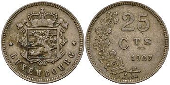 Люксембург 25 сантимов 1927 Шарлотта (1918-1964) KM 37 медно-никель 4122-516