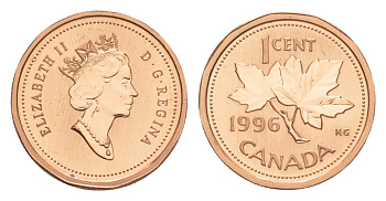Канада 1 цент 1996 Елизавета II (1952-2022), кленовый лист, specimen KM 181 бронза BU 4639-412
