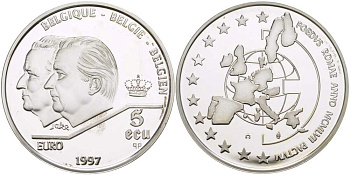 Бельгия 5 экю 1997 40 лет Римскому договору, портреты Альберта II и Бодуэна KM 205 серебро PROOF 11-173-34