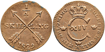 Швеция 1/4 скиллинга 1829 Карл XIV Юхан (1818-1844) KM 595 медь 4393-325