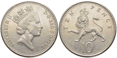 Великобритания 10 пенсов 1992 Елизавета II (1952-2022) KM 938b, Spink 4367 (F4) медно-никель 117-137