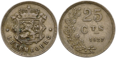 Люксембург 25 сантимов 1927 Шарлотта (1918-1964) KM 37 медно-никель 4122-516