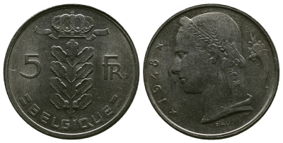 БЕЛЬГИЯ 5 ФРАНКОВ 1948 BELGIQUE KM 134.1 медно-никель 4384-735