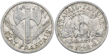 ФРАНЦИЯ 1 ФРАНК 1942 LB, ТИП LOURDЕ, ПРАВИТЕЛЬСТВО ВИШИ KM 902.1, LE FRANC 222.2 алюминий 175-441