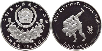 Южная Корея 5000 вон 1988 XXIV Летние Олимпийские игры в Сеуле 1988 года, вольная борьба KM 70 серебро PROOF 1076-10-63