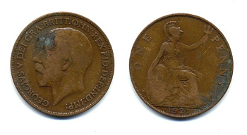 Великобритания 1 пенни 1921 Георг V (1910-1936) KM 810, Spink 4051 бронза 47-633