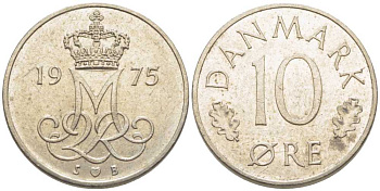 ДАНИЯ 10 ЭРЕ 1975 S; B, МАРГРЕТЕ II (1972-) KM 860.1 медно-никель 116-244