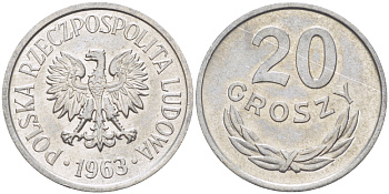 ПОЛЬША 20 ГРОШЕЙ 1963 MW KM А47, Parchimowicz 208d алюминий UNC 216-931