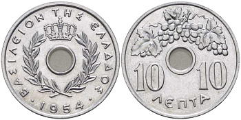 Греция 10 лепта 1954 Павел I (1947-1964), виноградная лоза KM 78 алюминий UNC 29-226