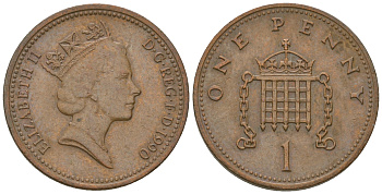 Великобритания 1 пенни 1990 Елизавета II (1952-2022) KM 935, Spink 4381 (B3) бронза 3458-1268