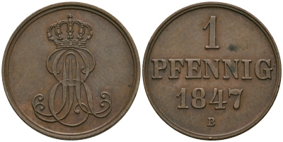 Ганновер 1 пфенниг 1847 B, Эрнст Август (1837-1851) KM 201.1, AKS 129, J. 74 медь 08-1356