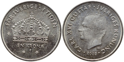 Швеция 1 крона 2005 Карл XVI Густав (1973- ) KM 894 медно-никель 93-335