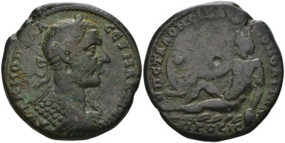 Римская Империя, Провинция Нижняя Мезия, Никополь-на-Истре AE 217 - 218 Макрин, бюст императора / персонификация божества реки Истр, позади речное судно, 12,79 гр, 27 мм Varbanov 3467 бронза 1100-4-13