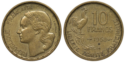 Франция 10 франков 1953 В, петух KM 915.2, Le Franc 363.9 алюминиевая бронза 4128-456