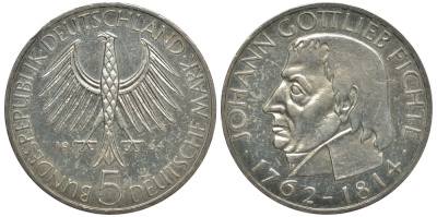 ФРГ 5 марок 1964 J, 150 лет со дня смерти Иоганна Готлиба Фихте J. 393, KM 118.1 серебро UNC 3896-1234