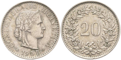 ШВЕЙЦАРИЯ 20 РАППЕНОВ 1955 В KM 29a медно-никель 55-732