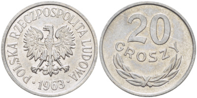 ПОЛЬША 20 ГРОШЕЙ 1963 MW KM А47, Parchimowicz 208d алюминий UNC 216-931