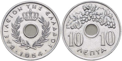 Греция 10 лепта 1954 Павел I (1947-1964), виноградная лоза KM 78 алюминий UNC 29-226