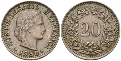 Швейцария 20 раппенов 1950 KM 29а медно-никель 55-545
