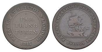 Великобритания, Бристоль 1 фартинг 1811 фабрика по производству гвоздей, токен Withers 490, Davis 119 медь 3711-124