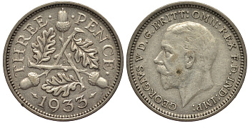 Великобритания 3 пенса 1933 Георг V (1910-1936) KM 831, Spink 4042 серебро 4528-543