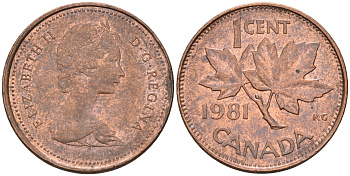 Канада 1 цент 1981 Елизавета II (1952-2022), кленовый лист KM 127 бронза    4147-311
