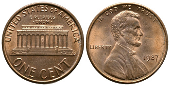 США 1 цент 1987 Линкольн KM 201b цинк плакированный медью 220-421