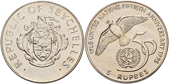 Сейшельские Острова 5 долларов 1995 50 лет ООН KM 89 медно-никель UNC 4125-722